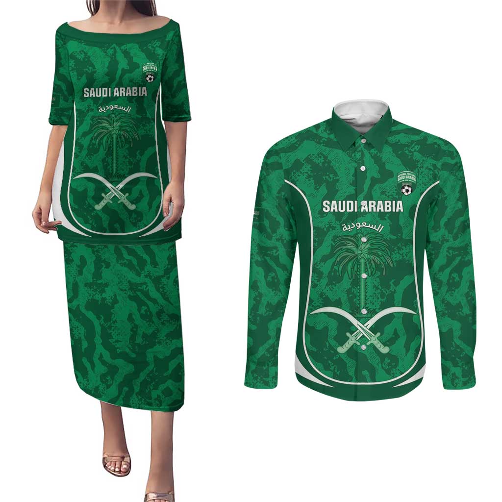 Custom Saudi Arabia Football Couples Matching Puletasi and Long Sleeve Button Shirt 2026 Come On Arabian Falcons - Wonder Print Shop