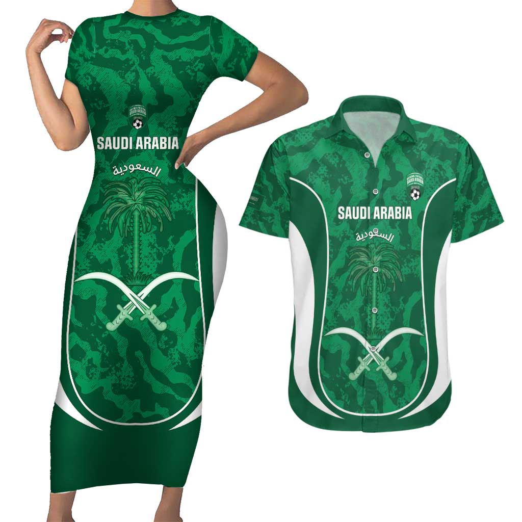 Custom Saudi Arabia Football Couples Matching Short Sleeve Bodycon Dress and Hawaiian Shirt 2026 Come On Arabian Falcons - Wonder Print Shop
