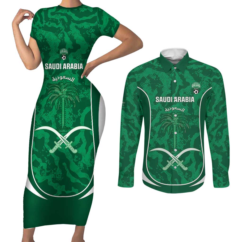 Custom Saudi Arabia Football Couples Matching Short Sleeve Bodycon Dress and Long Sleeve Button Shirt 2026 Come On Arabian Falcons - Wonder Print Shop