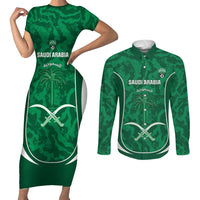 Custom Saudi Arabia Football Couples Matching Short Sleeve Bodycon Dress and Long Sleeve Button Shirt 2026 Come On Arabian Falcons - Wonder Print Shop