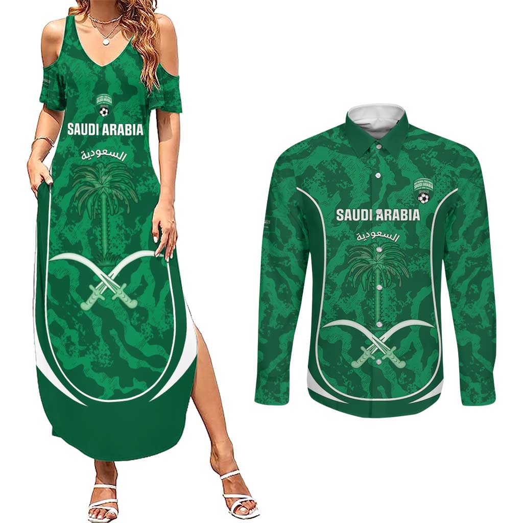 Custom Saudi Arabia Football Couples Matching Summer Maxi Dress and Long Sleeve Button Shirt 2026 Come On Arabian Falcons - Wonder Print Shop