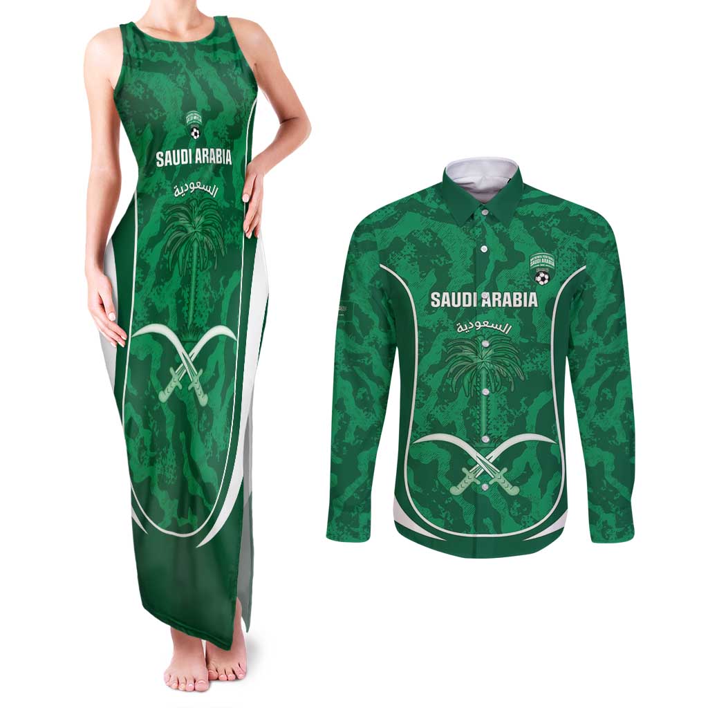 Custom Saudi Arabia Football Couples Matching Tank Maxi Dress and Long Sleeve Button Shirt 2026 Come On Arabian Falcons - Wonder Print Shop