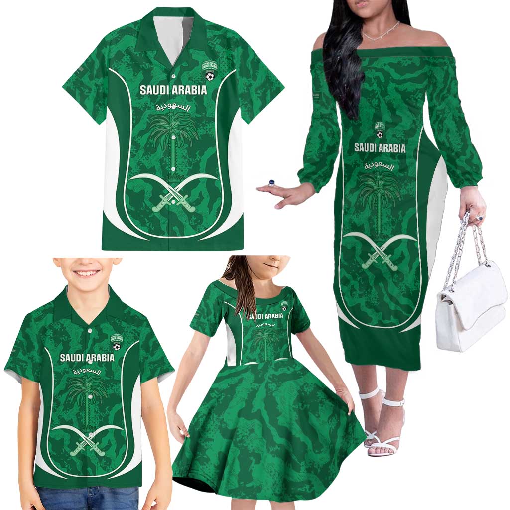 Custom Saudi Arabia Football Family Matching Off The Shoulder Long Sleeve Dress and Hawaiian Shirt 2026 Come On Arabian Falcons - Wonder Print Shop