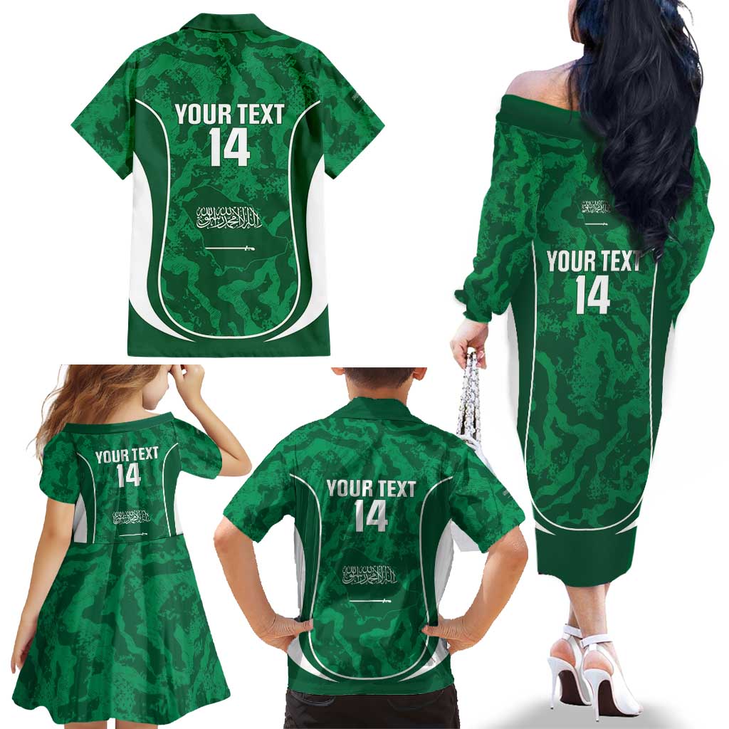 Custom Saudi Arabia Football Family Matching Off The Shoulder Long Sleeve Dress and Hawaiian Shirt 2026 Come On Arabian Falcons - Wonder Print Shop