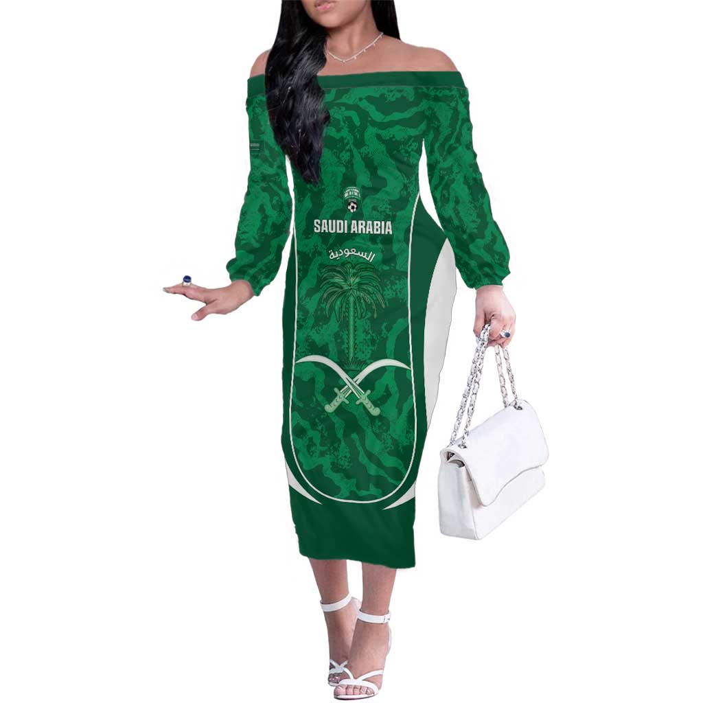 Custom Saudi Arabia Football Family Matching Off The Shoulder Long Sleeve Dress and Hawaiian Shirt 2026 Come On Arabian Falcons - Wonder Print Shop