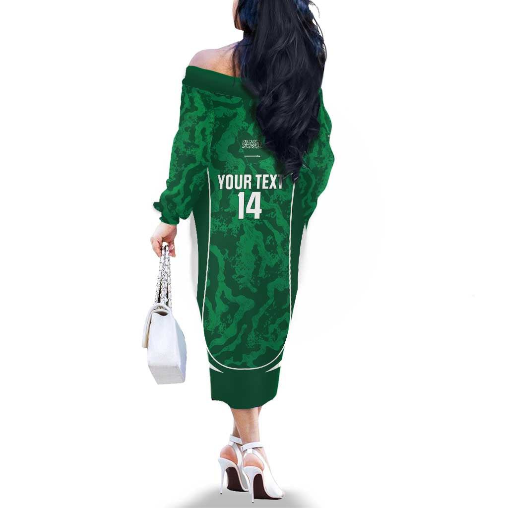 Custom Saudi Arabia Football Family Matching Off The Shoulder Long Sleeve Dress and Hawaiian Shirt 2026 Come On Arabian Falcons - Wonder Print Shop