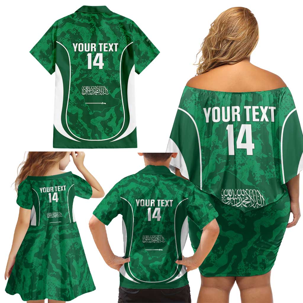 Custom Saudi Arabia Football Family Matching Off Shoulder Short Dress and Hawaiian Shirt 2026 Come On Arabian Falcons - Wonder Print Shop