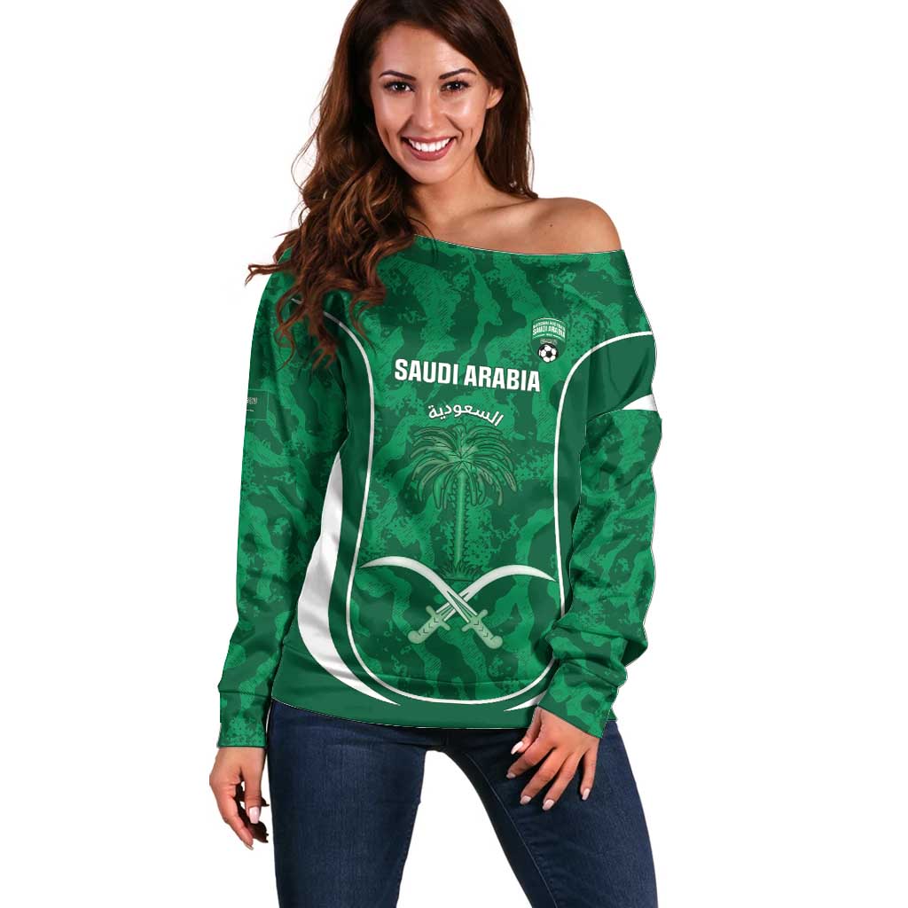 Custom Saudi Arabia Football Off Shoulder Sweater 2026 Come On Arabian Falcons - Wonder Print Shop