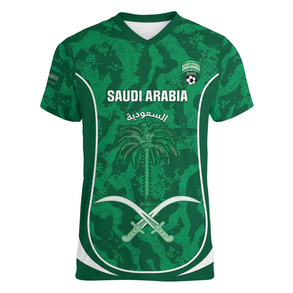 Custom Saudi Arabia Football Women V-Neck T-Shirt 2026 Come On Arabian Falcons - Wonder Print Shop