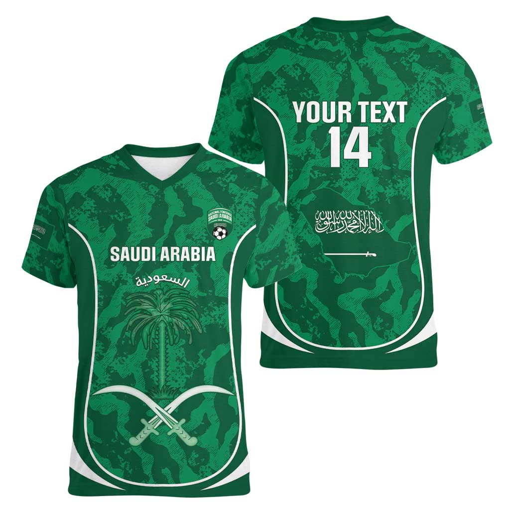 Custom Saudi Arabia Football Women V-Neck T-Shirt 2026 Come On Arabian Falcons - Wonder Print Shop