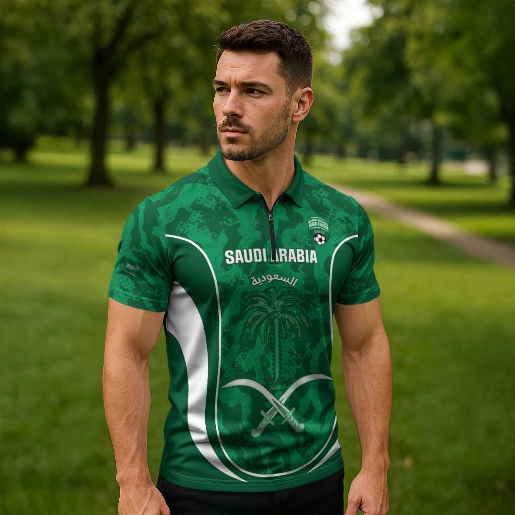 Custom Saudi Arabia Football Zipper Polo Shirt 2026 Come On Arabian Falcons - Wonder Print Shop