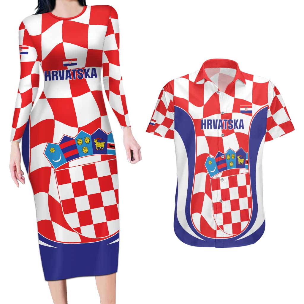 Custom Croatia Football Couples Matching Long Sleeve Bodycon Dress and Hawaiian Shirt 2026 Come On Vatreni Hrvatska - Wonder Print Shop