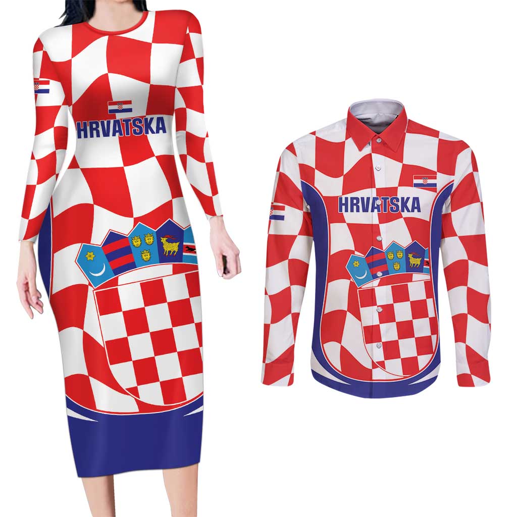 Custom Croatia Football Couples Matching Long Sleeve Bodycon Dress and Long Sleeve Button Shirt 2026 Come On Vatreni Hrvatska - Wonder Print Shop