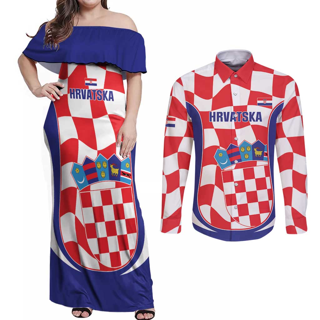 Custom Croatia Football Couples Matching Off Shoulder Maxi Dress and Long Sleeve Button Shirt 2026 Come On Vatreni Hrvatska - Wonder Print Shop