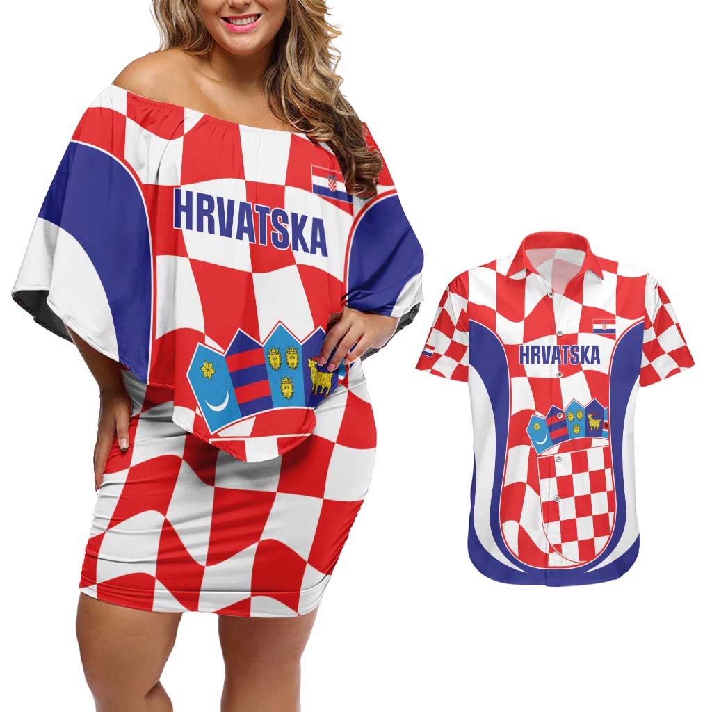 Custom Croatia Football Couples Matching Off Shoulder Short Dress and Hawaiian Shirt 2026 Come On Vatreni Hrvatska - Wonder Print Shop