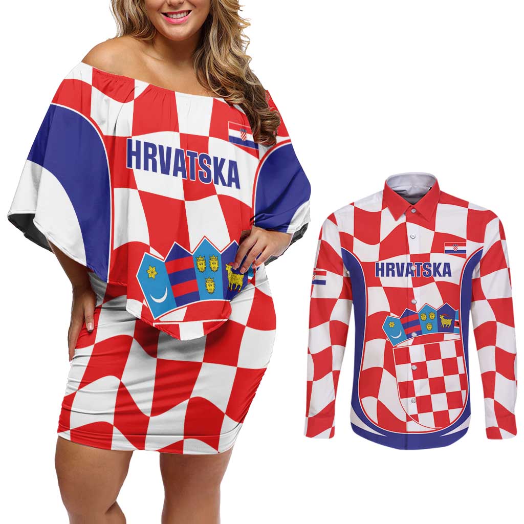 Custom Croatia Football Couples Matching Off Shoulder Short Dress and Long Sleeve Button Shirt 2026 Come On Vatreni Hrvatska - Wonder Print Shop