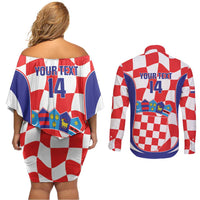 Custom Croatia Football Couples Matching Off Shoulder Short Dress and Long Sleeve Button Shirt 2026 Come On Vatreni Hrvatska - Wonder Print Shop
