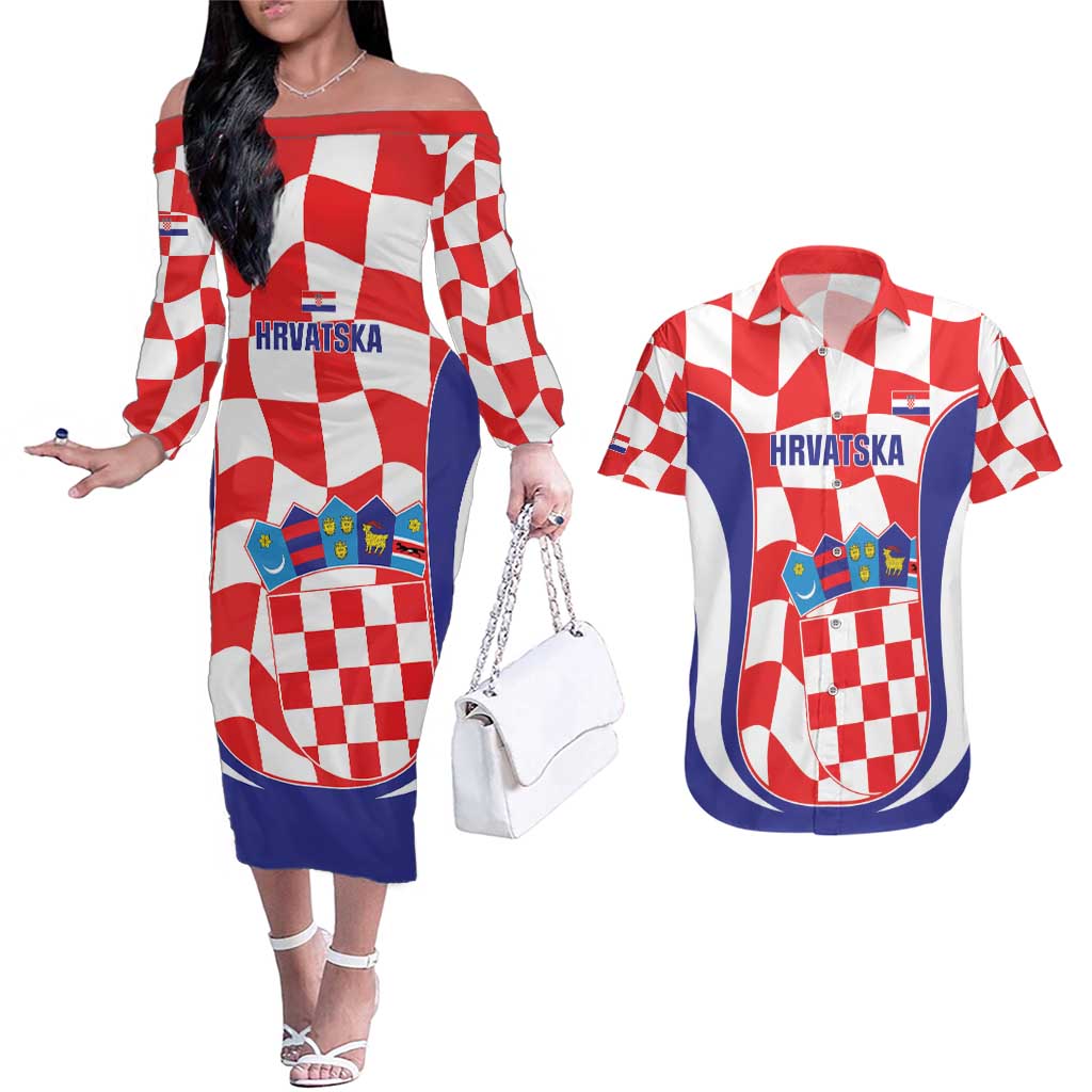 Custom Croatia Football Couples Matching Off The Shoulder Long Sleeve Dress and Hawaiian Shirt 2026 Come On Vatreni Hrvatska - Wonder Print Shop