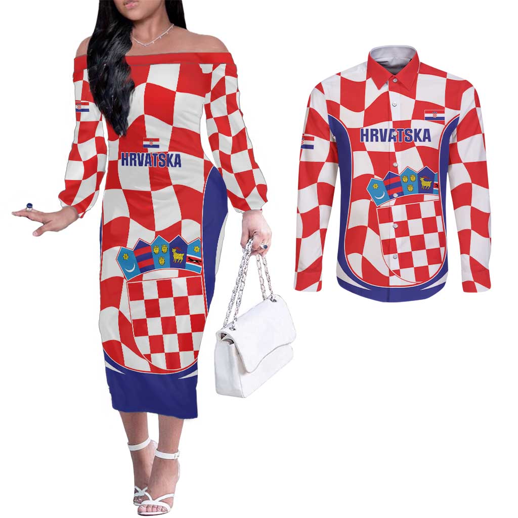 Custom Croatia Football Couples Matching Off The Shoulder Long Sleeve Dress and Long Sleeve Button Shirt 2026 Come On Vatreni Hrvatska - Wonder Print Shop