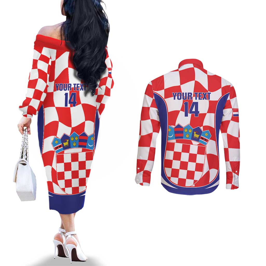 Custom Croatia Football Couples Matching Off The Shoulder Long Sleeve Dress and Long Sleeve Button Shirt 2026 Come On Vatreni Hrvatska - Wonder Print Shop