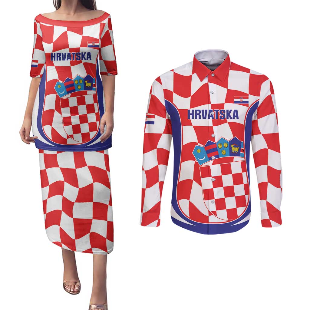 Custom Croatia Football Couples Matching Puletasi and Long Sleeve Button Shirt 2026 Come On Vatreni Hrvatska - Wonder Print Shop
