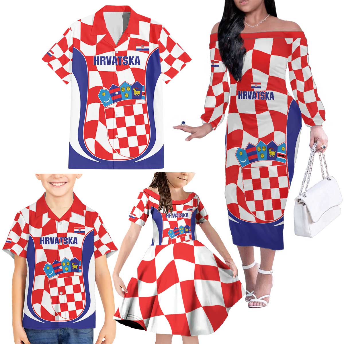 Custom Croatia Football Family Matching Off The Shoulder Long Sleeve Dress and Hawaiian Shirt 2026 Come On Vatreni Hrvatska - Wonder Print Shop