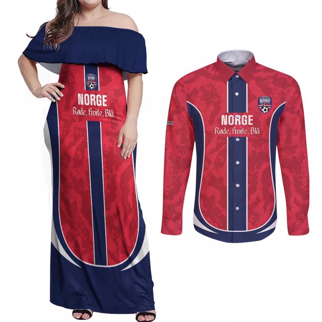 Custom Norway Football Couples Matching Off Shoulder Maxi Dress and Long Sleeve Button Shirt 2026 Come On Norge - Wonder Print Shop