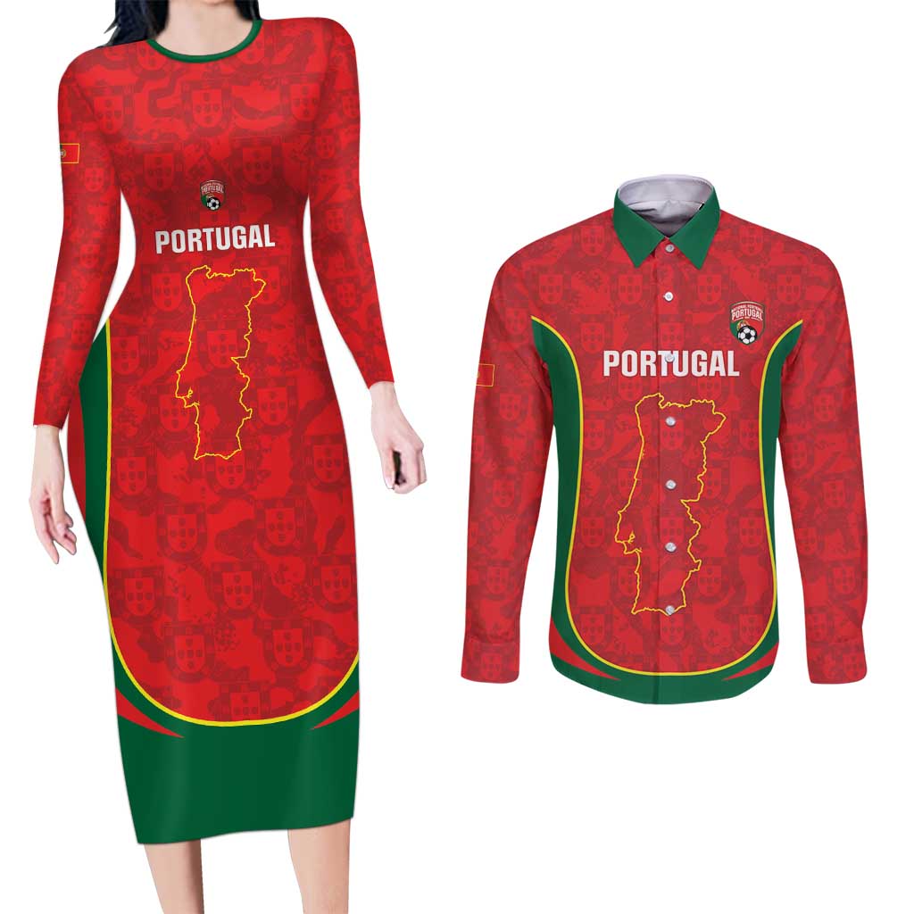 Custom Portugal Football Couples Matching Long Sleeve Bodycon Dress and Long Sleeve Button Shirt 2026 Come On Selecao das Quinas - Red - Wonder Print Shop