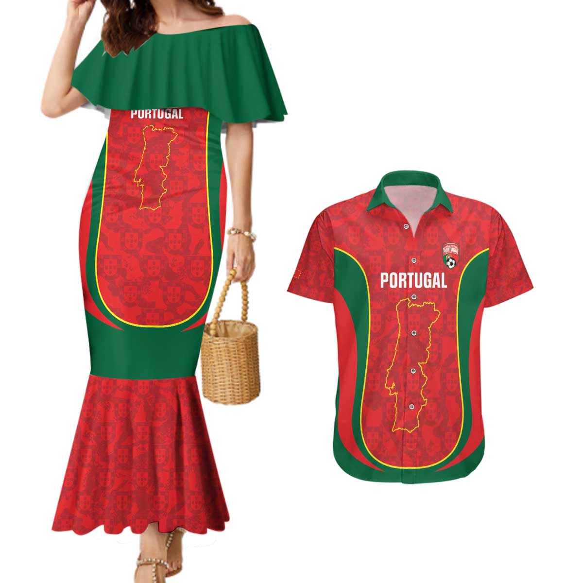Custom Portugal Football Couples Matching Mermaid Dress and Hawaiian Shirt 2026 Come On Selecao das Quinas - Red - Wonder Print Shop