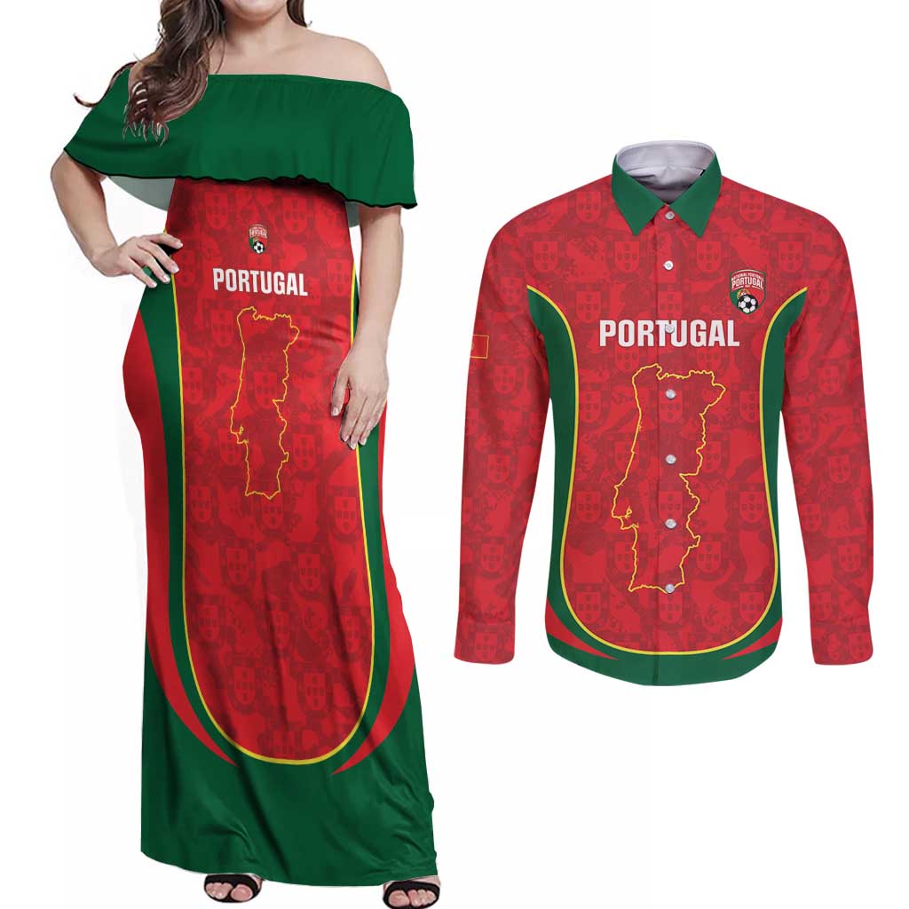 Custom Portugal Football Couples Matching Off Shoulder Maxi Dress and Long Sleeve Button Shirt 2026 Come On Selecao das Quinas - Red - Wonder Print Shop