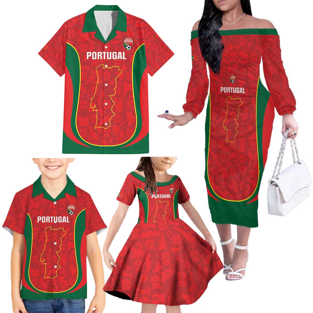Custom Portugal Football Family Matching Off The Shoulder Long Sleeve Dress and Hawaiian Shirt 2026 Come On Selecao das Quinas - Red - Wonder Print Shop