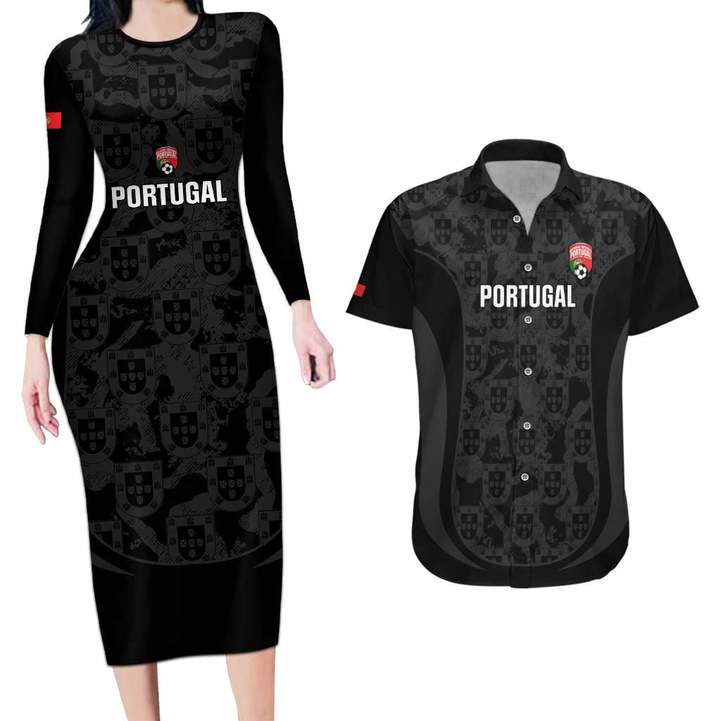 Custom Portugal Football Couples Matching Long Sleeve Bodycon Dress and Hawaiian Shirt 2026 Come On Selecao das Quinas - Black - Wonder Print Shop