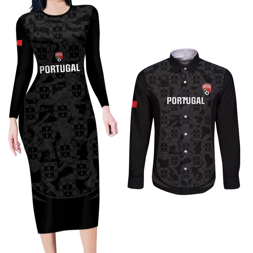 Custom Portugal Football Couples Matching Long Sleeve Bodycon Dress and Long Sleeve Button Shirt 2026 Come On Selecao das Quinas - Black - Wonder Print Shop