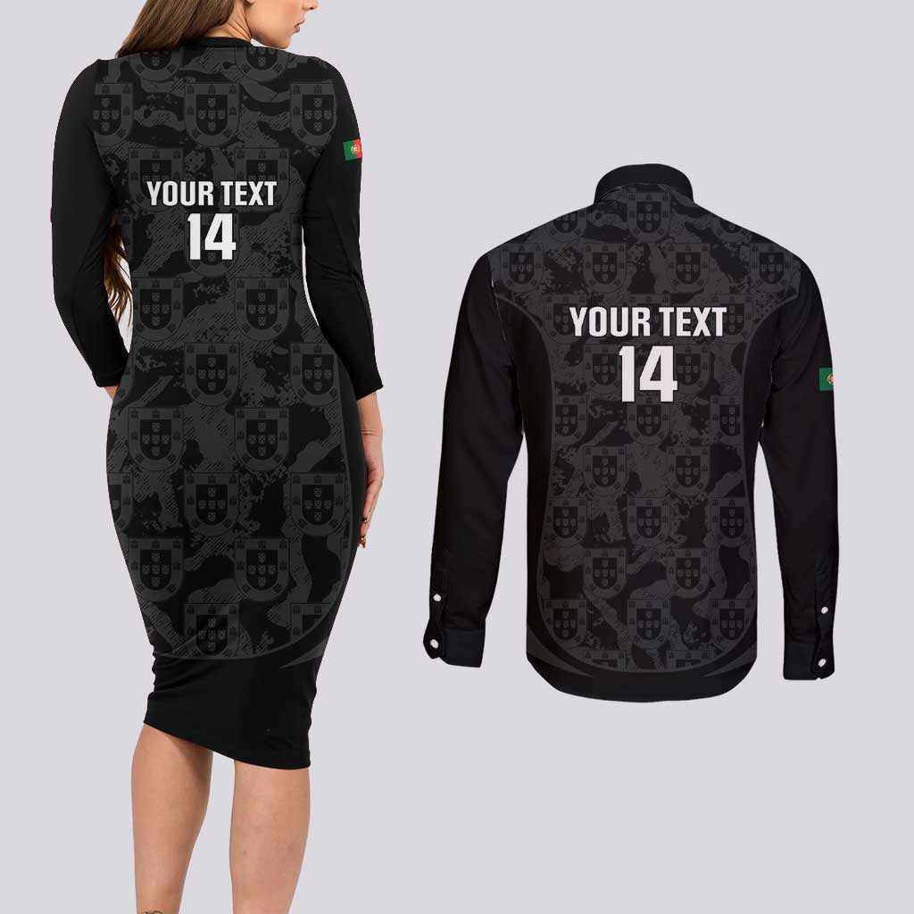 Custom Portugal Football Couples Matching Long Sleeve Bodycon Dress and Long Sleeve Button Shirt 2026 Come On Selecao das Quinas - Black - Wonder Print Shop