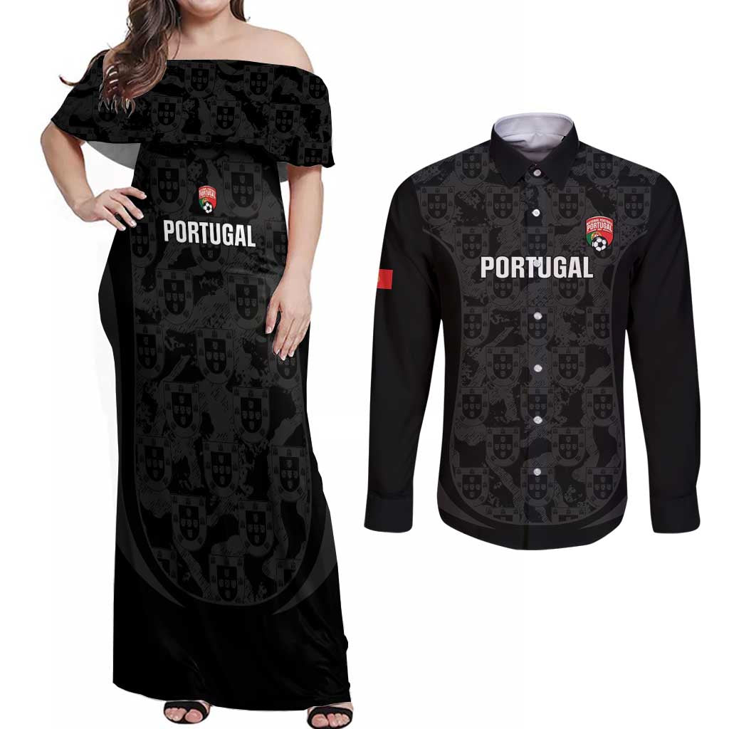 Custom Portugal Football Couples Matching Off Shoulder Maxi Dress and Long Sleeve Button Shirt 2026 Come On Selecao das Quinas - Black - Wonder Print Shop