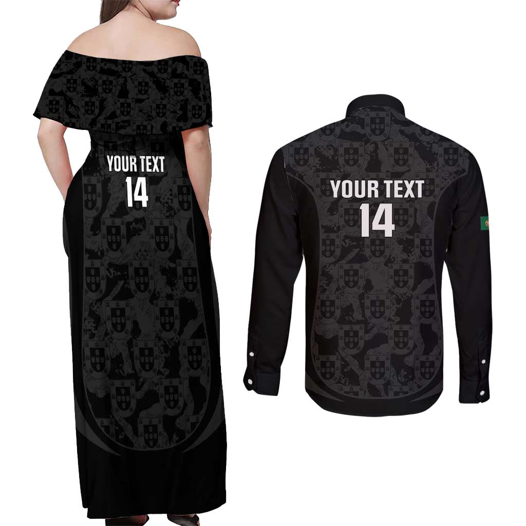 Custom Portugal Football Couples Matching Off Shoulder Maxi Dress and Long Sleeve Button Shirt 2026 Come On Selecao das Quinas - Black - Wonder Print Shop