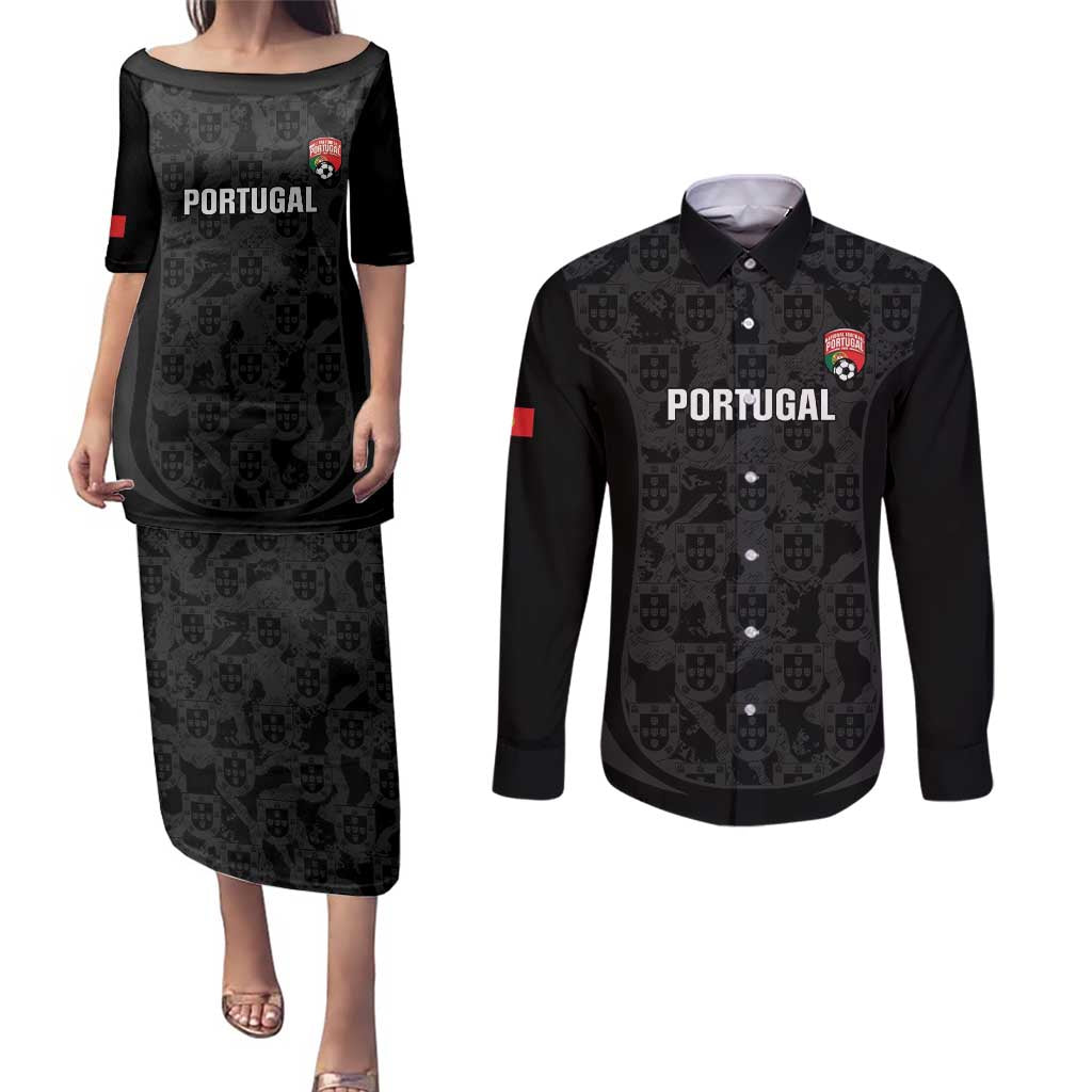 Custom Portugal Football Couples Matching Puletasi and Long Sleeve Button Shirt 2026 Come On Selecao das Quinas - Black - Wonder Print Shop