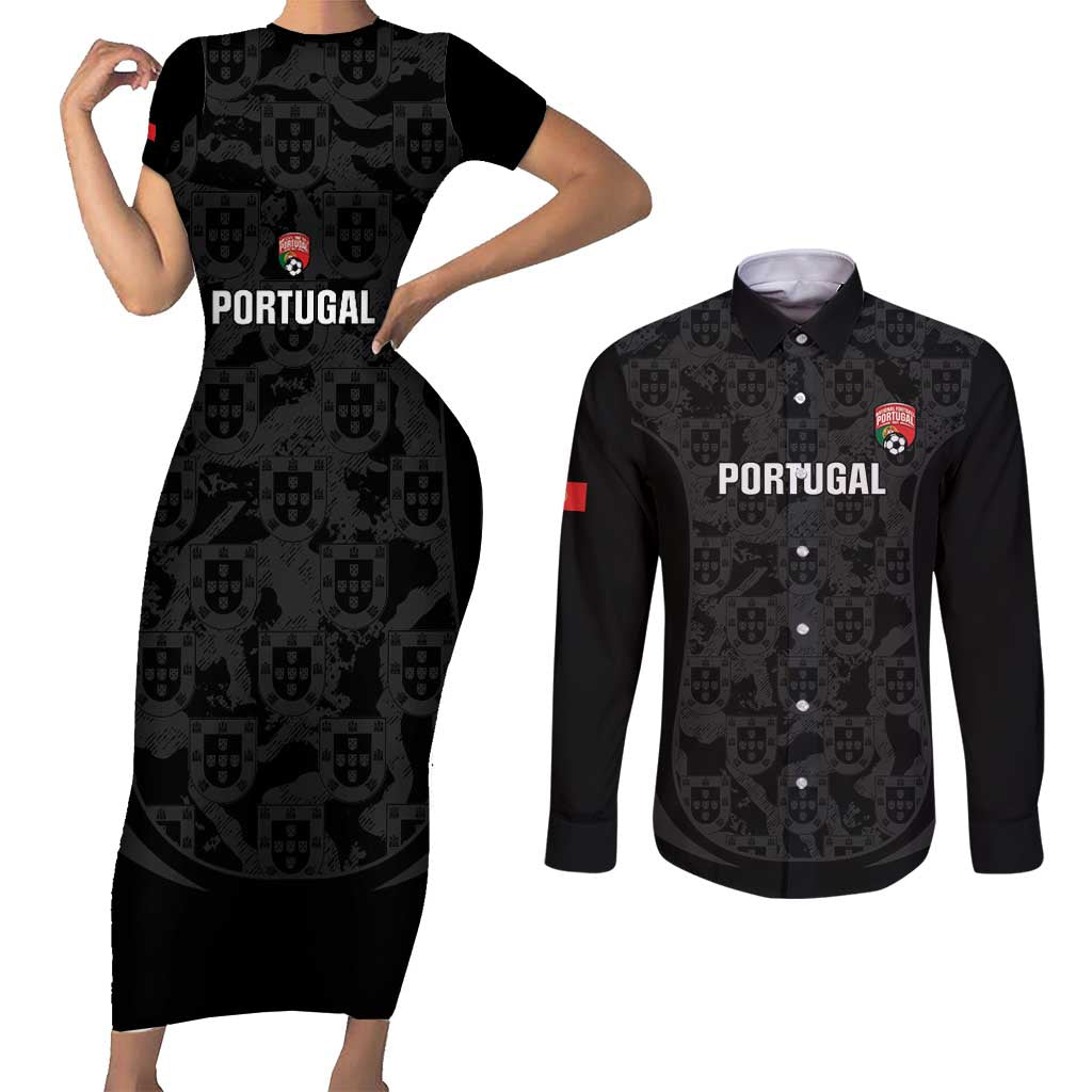Custom Portugal Football Couples Matching Short Sleeve Bodycon Dress and Long Sleeve Button Shirt 2026 Come On Selecao das Quinas - Black - Wonder Print Shop