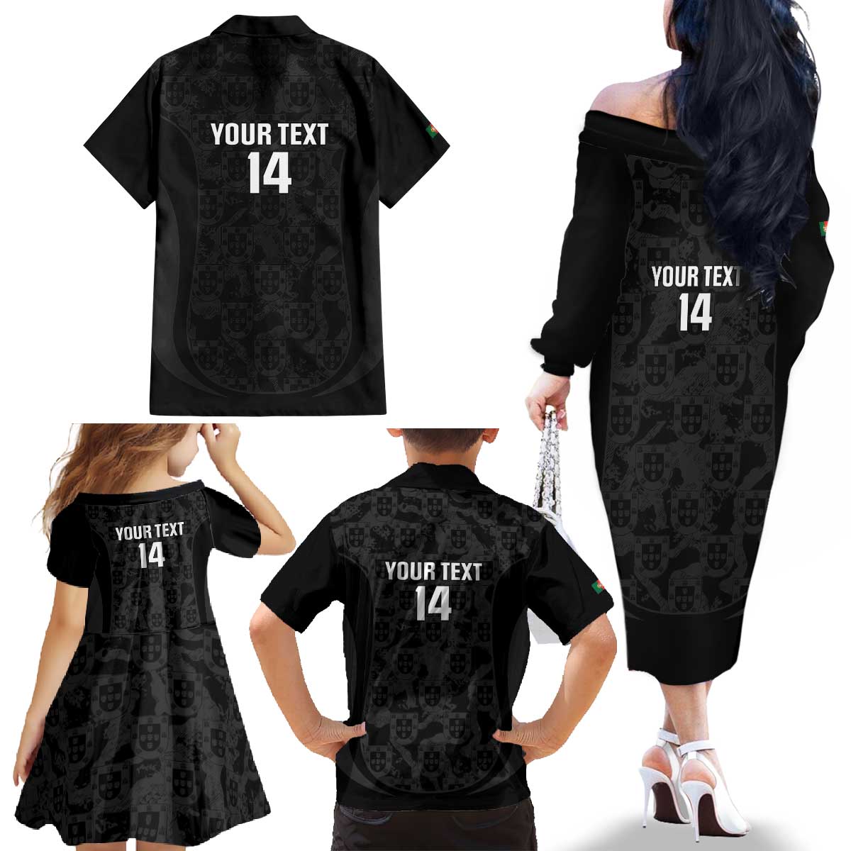 Custom Portugal Football Family Matching Off The Shoulder Long Sleeve Dress and Hawaiian Shirt 2026 Come On Selecao das Quinas - Black - Wonder Print Shop