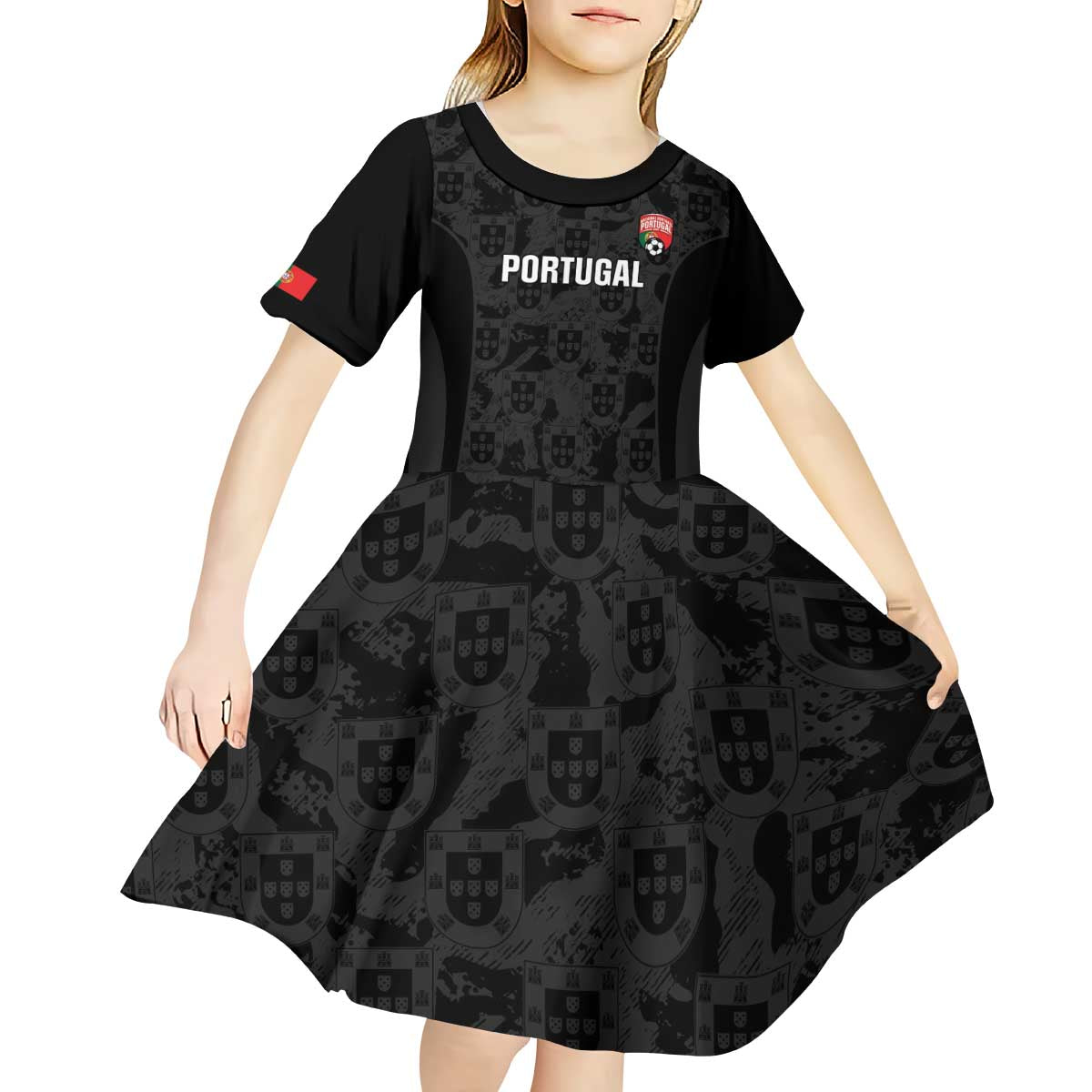 Custom Portugal Football Kid Short Sleeve Dress 2026 Come On Selecao das Quinas - Black - Wonder Print Shop