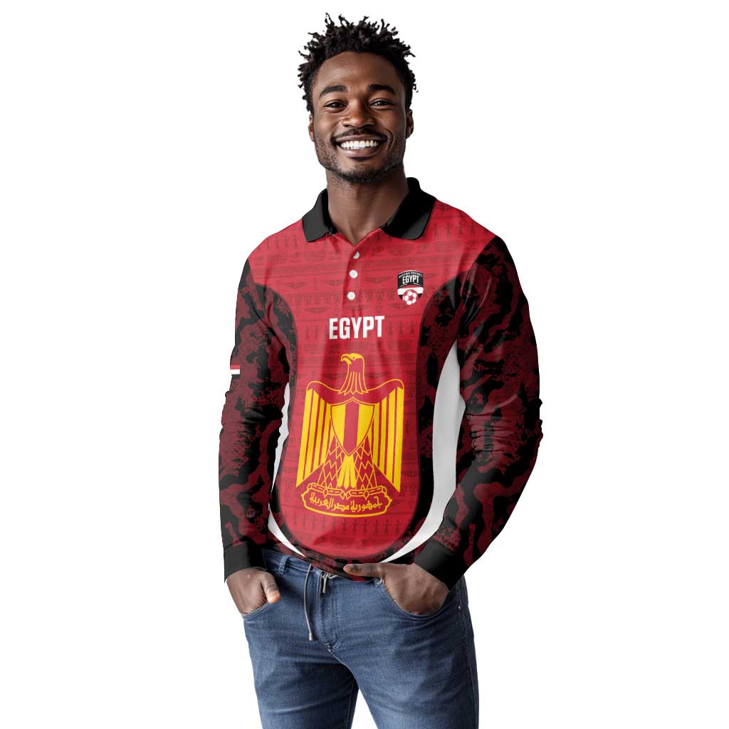 Custom Egypt Football Long Sleeve Polo Shirt 2026 Go Pharaohs Ancient Egyptian Pattern - Wonder Print Shop