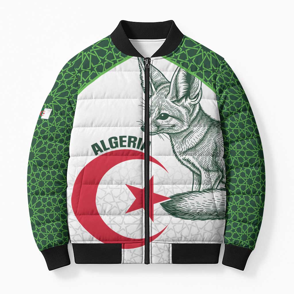 Custom Algeria Football Bomber Puffer Jacket 2026 Go Greens Fennec With Islamic Pattern - Wonder Print Shop