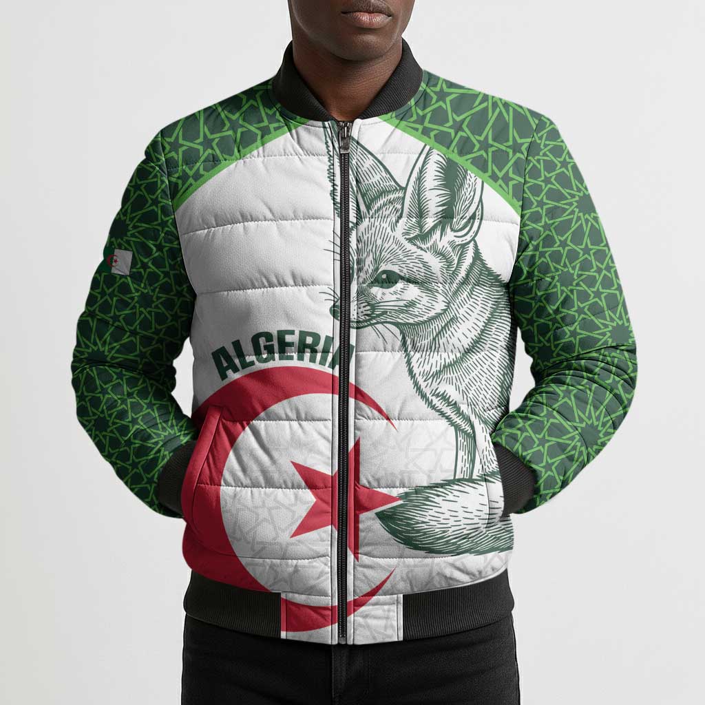 Custom Algeria Football Bomber Puffer Jacket 2026 Go Greens Fennec With Islamic Pattern - Wonder Print Shop