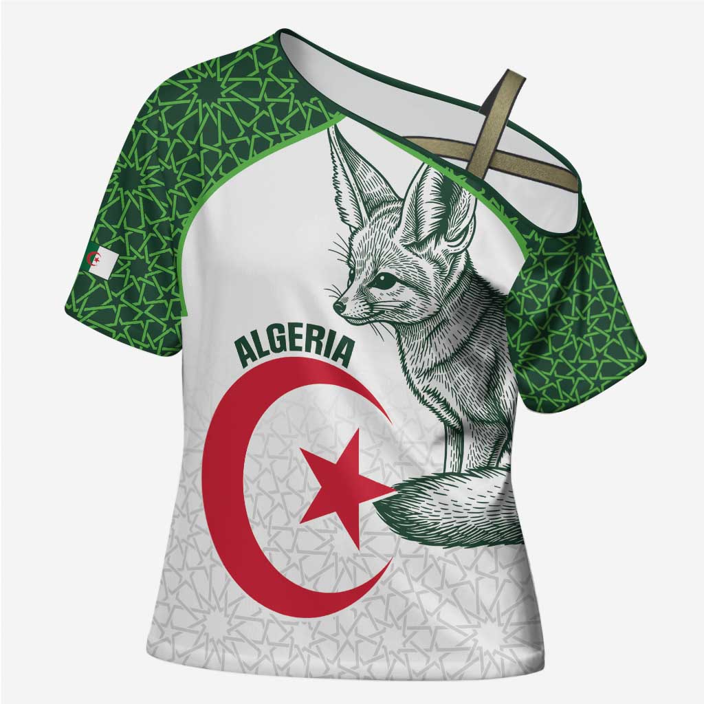 Custom Algeria Football Cross Shoulder Shirt 2026 Go Greens Fennec With Islamic Pattern - Wonder Print Shop