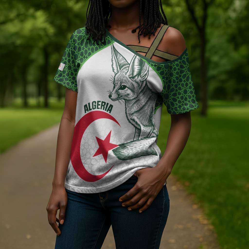 Custom Algeria Football Cross Shoulder Shirt 2026 Go Greens Fennec With Islamic Pattern - Wonder Print Shop