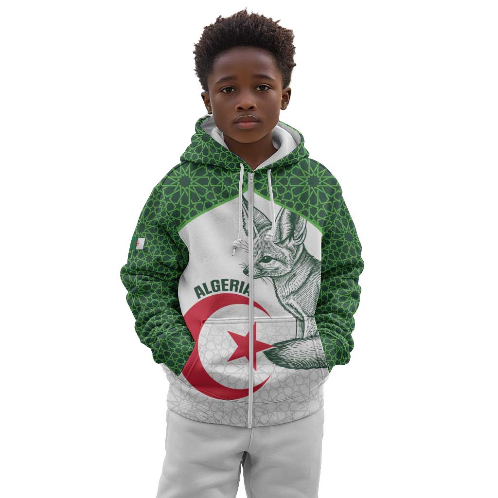 Custom Algeria Football Kid Hoodie 2026 Go Greens Fennec With Islamic Pattern - Wonder Print Shop