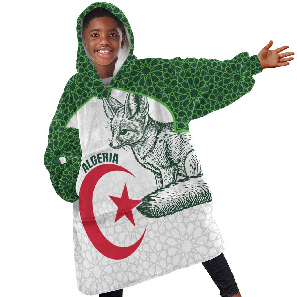 Custom Algeria Football Kid Wearable Blanket Hoodie 2026 Go Greens Fennec With Islamic Pattern - Wonder Print Shop