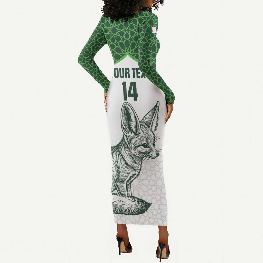 Custom Algeria Football Long Sleeve Bodycon Dress 2026 Go Greens Fennec With Islamic Pattern - Wonder Print Shop