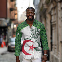 Custom Algeria Football Long Sleeve Button Shirt 2026 Go Greens Fennec With Islamic Pattern - Wonder Print Shop