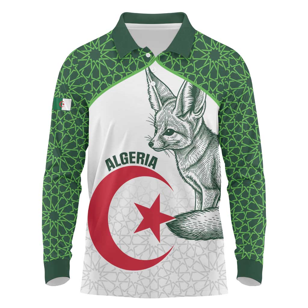 Custom Algeria Football Long Sleeve Polo Shirt 2026 Go Greens Fennec With Islamic Pattern - Wonder Print Shop